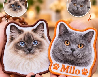 Custom Cat Photo Patch, Personalized Pet Portrait Patch, Printed Cat Face Patch, Embroidered Border, Cat Lover Gift