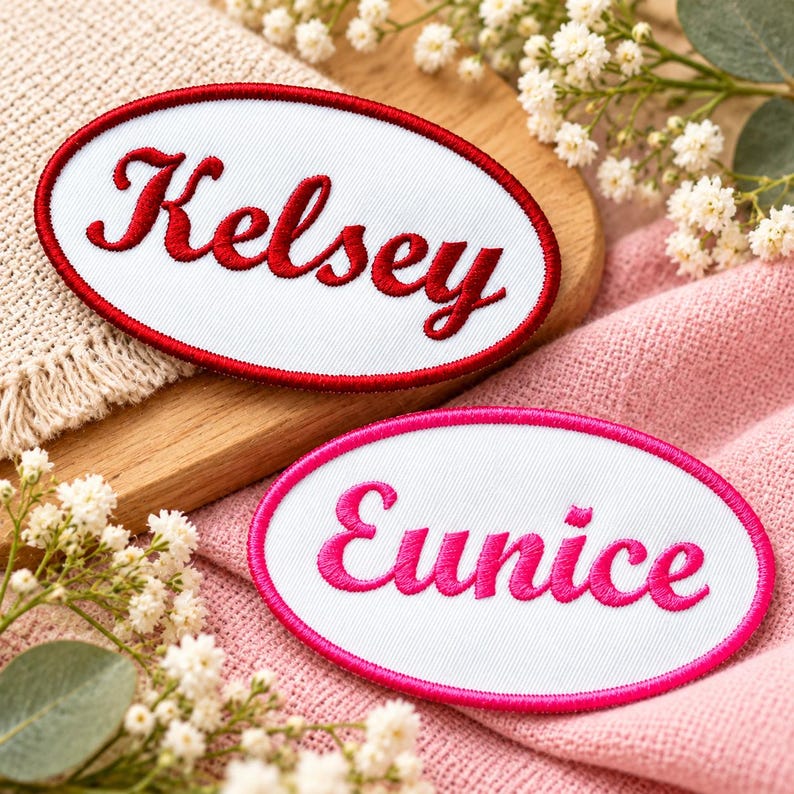 May include: Two oval-shaped embroidered patches with white fabric centers. One patch features the name Kelsey in red script with a red border. The second patch features the name Eunice in hot pink script with a hot pink border.