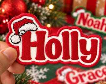 Personalized Christmas Name Patch, Custom Embroidered Name Tag, Santa Hat Xmas Patch, Iron On or Velcro Patch for Kids Gifts