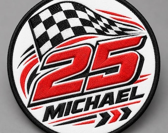 Personalized Racing Patch, Custom Name Number Embroidered Motorsport Badge, Checkered Flag Iron On Sew On Hook and Loop Patch
