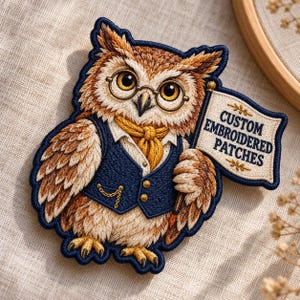 May include: An embroidered patch featuring a brown owl wearing round glasses, a white collared shirt, a yellow neckerchief, and a navy blue vest with a gold chain. The owl holds a cream-colored flag with the text CUSTOM EMBROIDERED PATCHES.