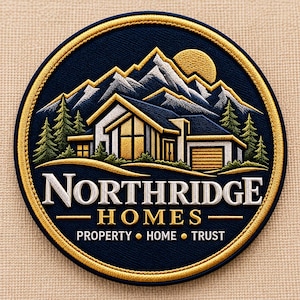 May include: A circular embroidered patch featuring a mountain landscape with a house, pine trees, and a sun. The text reads NORTHRIDGE HOMES and PROPERTY • HOME • TRUST. The design uses navy blue, gold, white, and green thread colors.