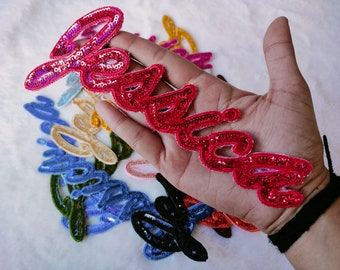 Sequin Name Patch Embroidered for Jacket, Hat, Tshirt, Hoodies in Multiple Colors