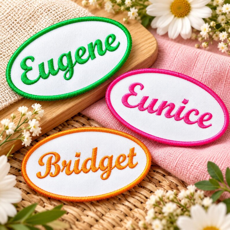 May include: Three oval-shaped embroidered patches with white fabric centers and stitched borders. One patch has a green border and the name Eugene in green, one has a pink border and the name Eunice in pink, and one has an orange border and the name Bridget in orange.
