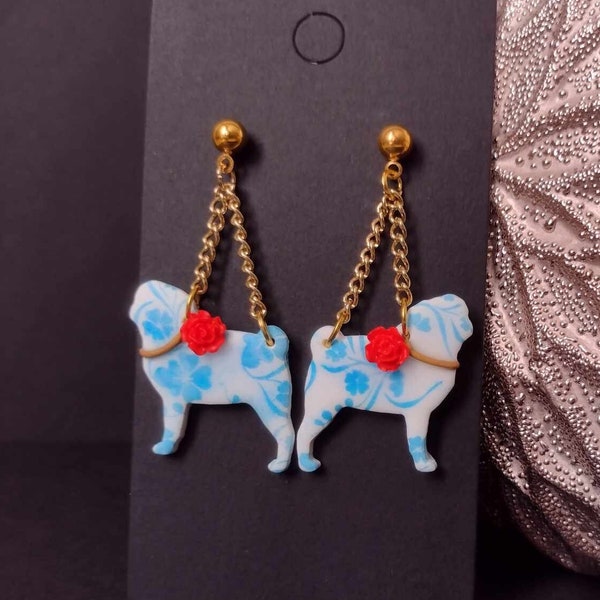 Pug Earrings / Handmade Porcelain Pug Style Pug Dog Earrings