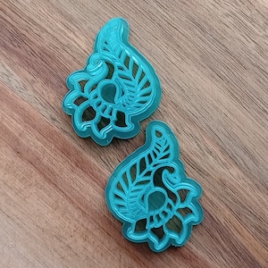 May include: Two teal blue plastic cookie cutters shaped like paisley designs with intricate floral details.