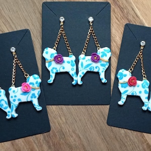 Pug Earrings | Handmade | Polymer Clay | Porcelain Design | Dog | Pug Silhouette | Lightweight | Dangle Earrings