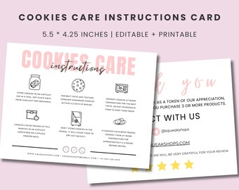 Cookies Care Card Template, Printable Biscuit Care Card, Cookies Care Instructions, Cookies Care Guide, Bakery Care Instructions Card Guide