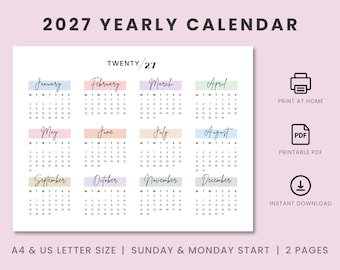 May include: A printable 2027 yearly calendar in A4 and US letter size. The calendar features a simple design with pastel colored headers for each month. The calendar starts on Sunday and Monday. The text "TWENTY/27" is at the top of the calendar.