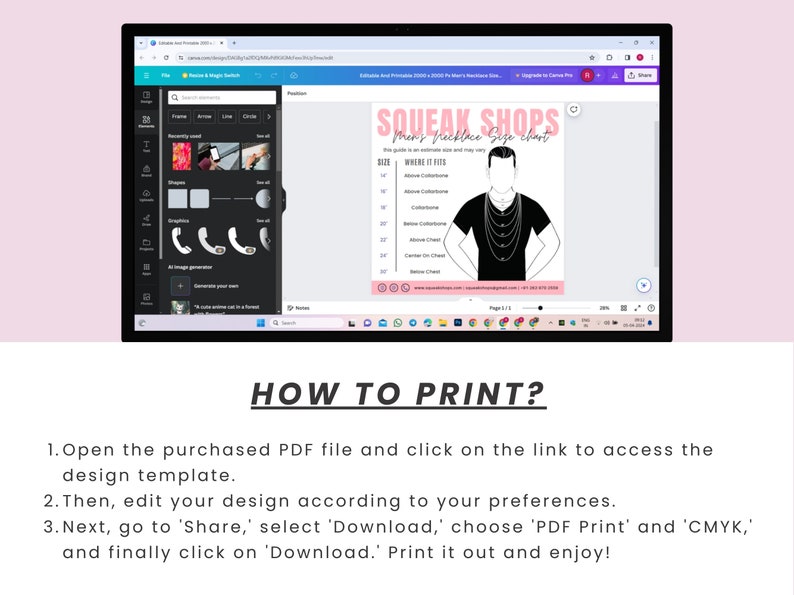 Necklace Size Chart Template, Printable Men's Necklace Size Guide Card