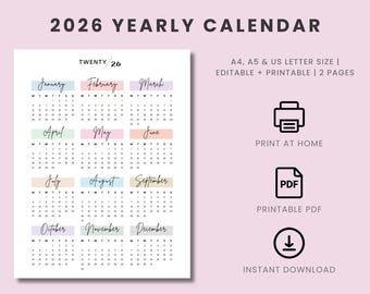 2026 Yearly Calendar Printable: A4, A5, Letter Size (PDF)