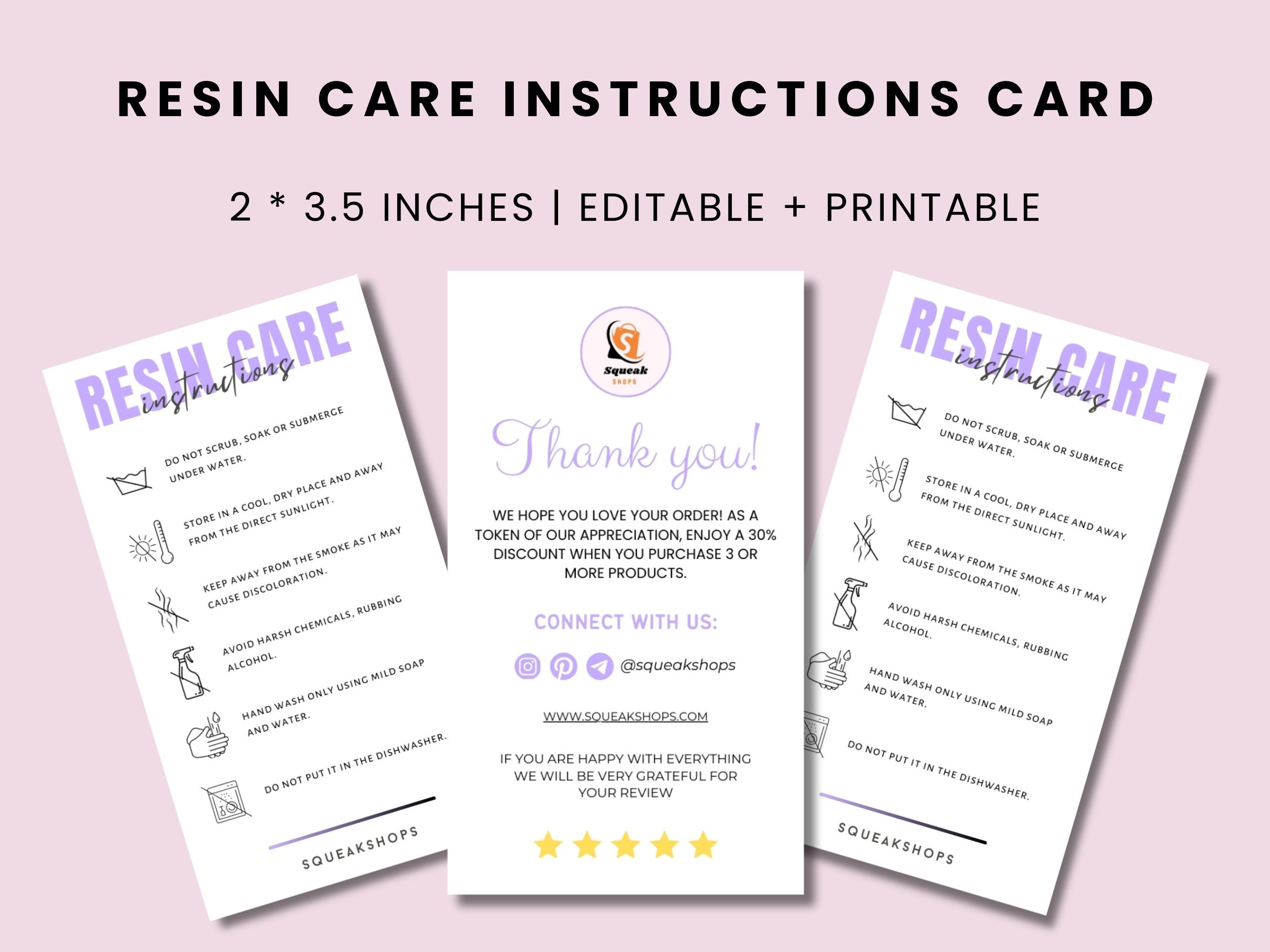 Editable Resin Care Card Template, Printable Resin Care Cards, Minimalist Resin Care Instruction ...