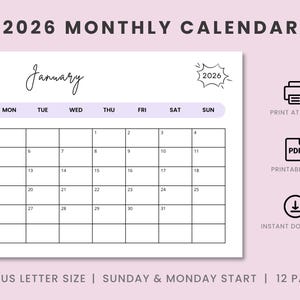 2026 Landscape Monthly Calendar Printable, Sunday & Monday Start, Minimalist Calendar, Printable Calendar Template, A4, A5, Letter Size