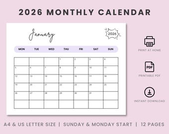 Afdrukbare maandkalender 2026: minimalistisch landschap (A4, A5, Letter-formaat)