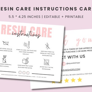 Resin Care Card Template, Printable Resin Care Cards, Resin Care Instructions Card, Resin Product Care Instructions Guide, Resin Care Insert