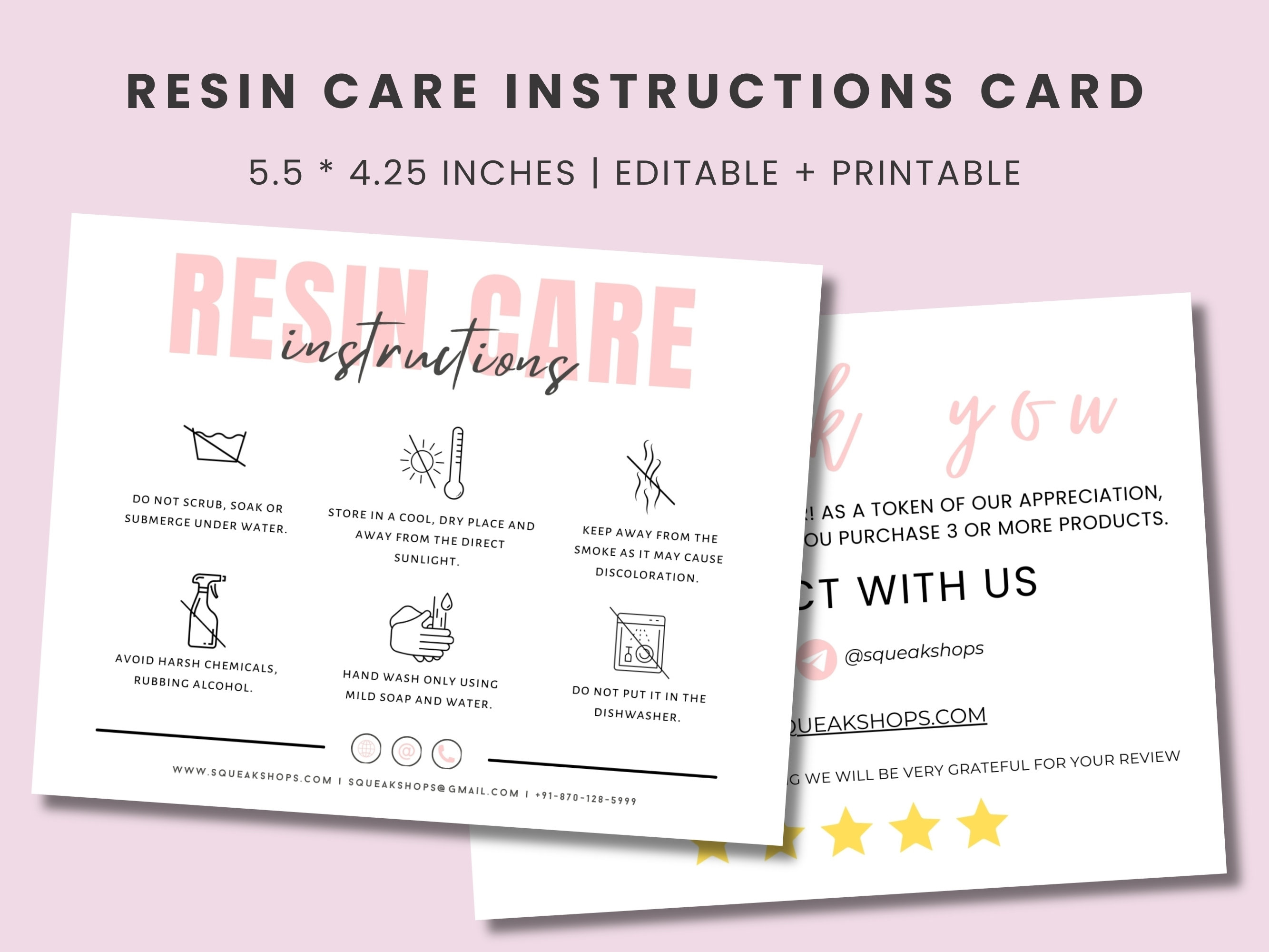 Resin Care Card Template, Printable Resin Care Cards, Resin Care Instructions Card, Resin ...