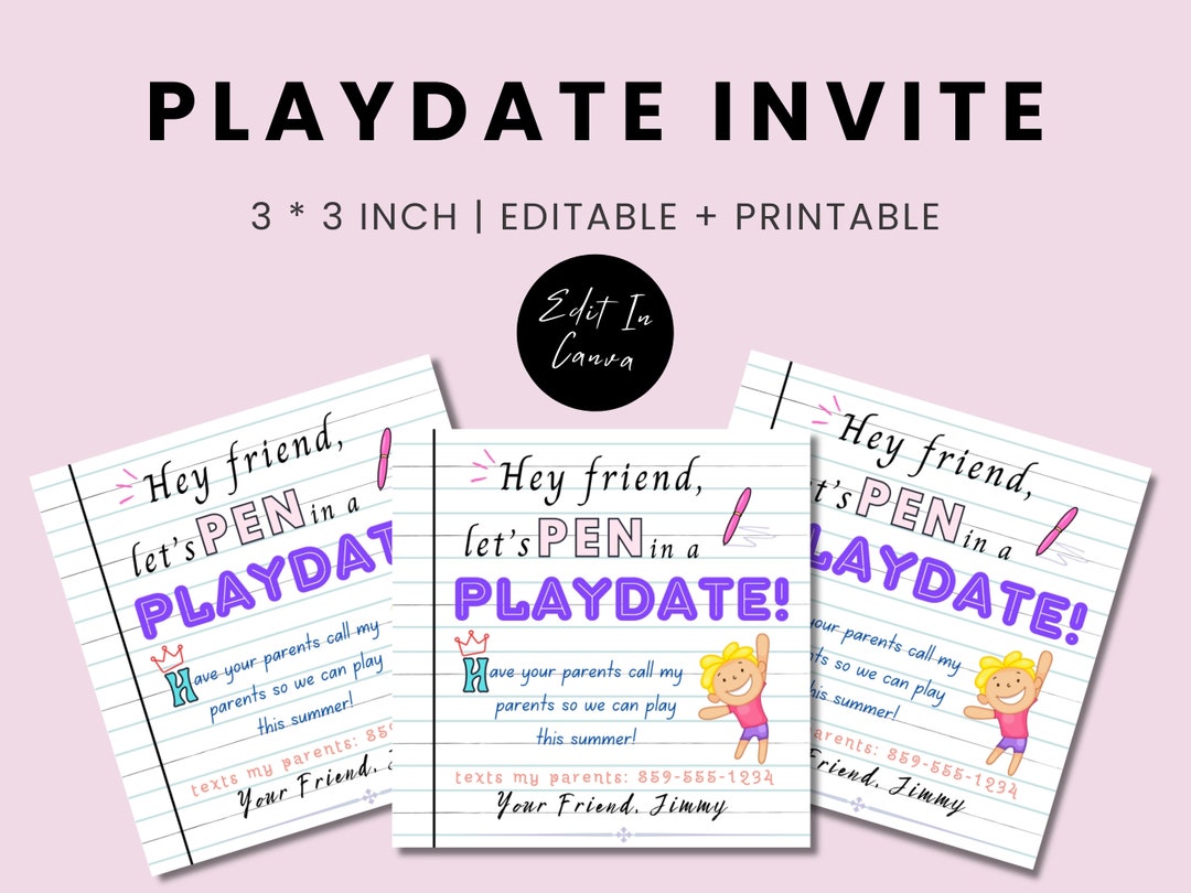 Editable Printable Playdate Invite Cards for Kids, Summer Playdate ...