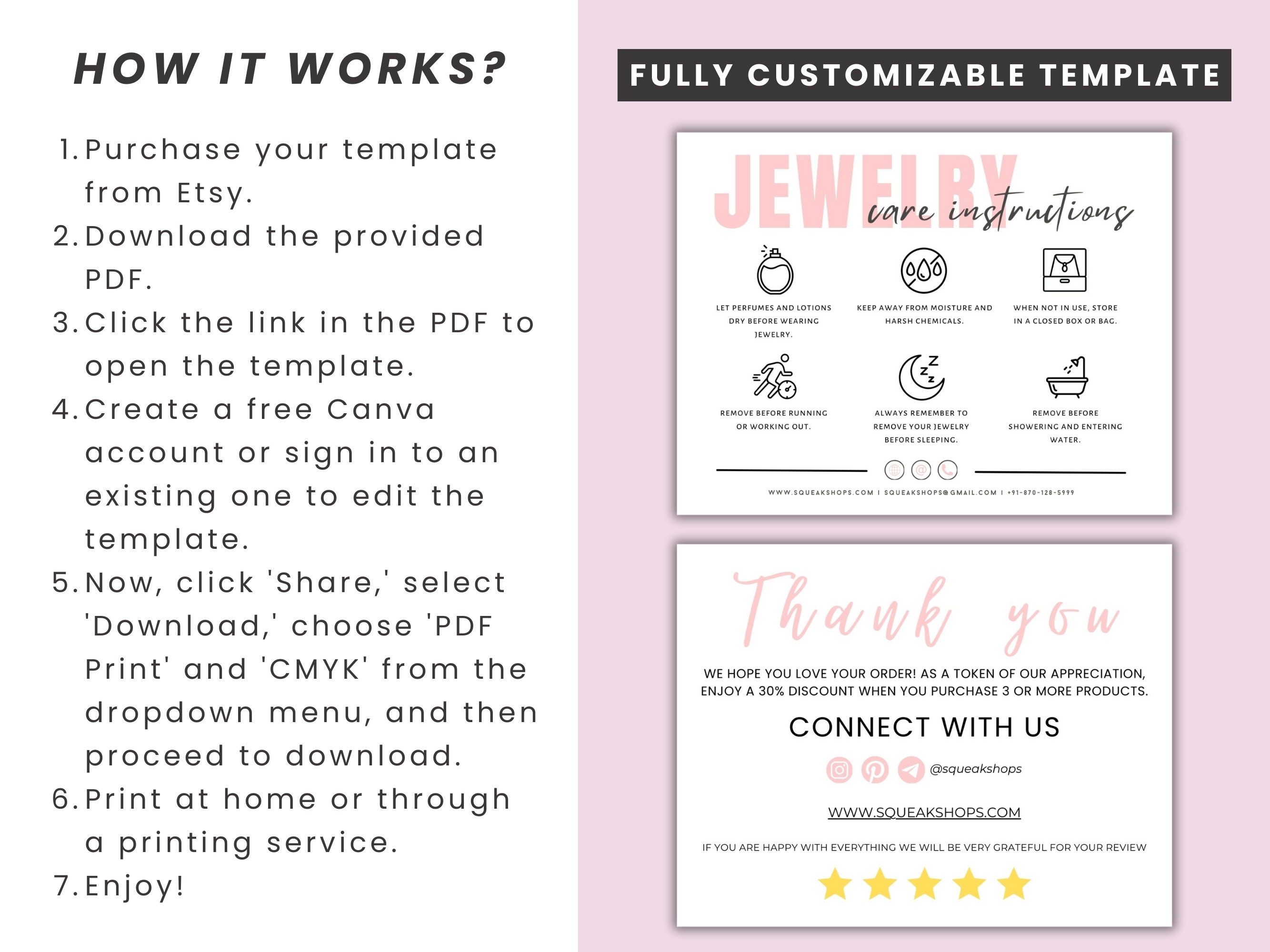 Editable Jewelry Care Card Template, Printable Jewelry Care ...