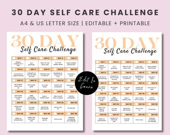 Desafío de autocuidado de 30 días imprimible: Plantilla editable de Canva