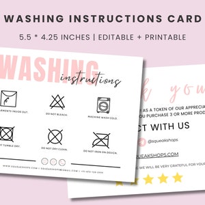 Printable Washing Instructions Card, Shirt Packaging Insert, Care Cards, Washing Care Card, Apparel Care Instructions, Small Business Cards
