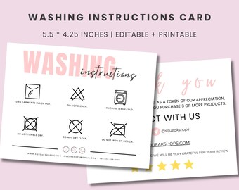 Printable Washing Instructions Card: Small Business Apparel Care (Canva Template)
