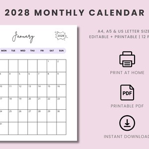 2028 Monthly Calendar Printable: Minimalist Design (A4, A5, Letter Size) (Digital Download)