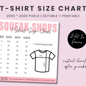 T-Shirt Size Chart Template, Printable T-Shirt Size Guide Card Template, Custom T-Shirt Size Chart, Editable T-Shirt Size Guide, Size Chart