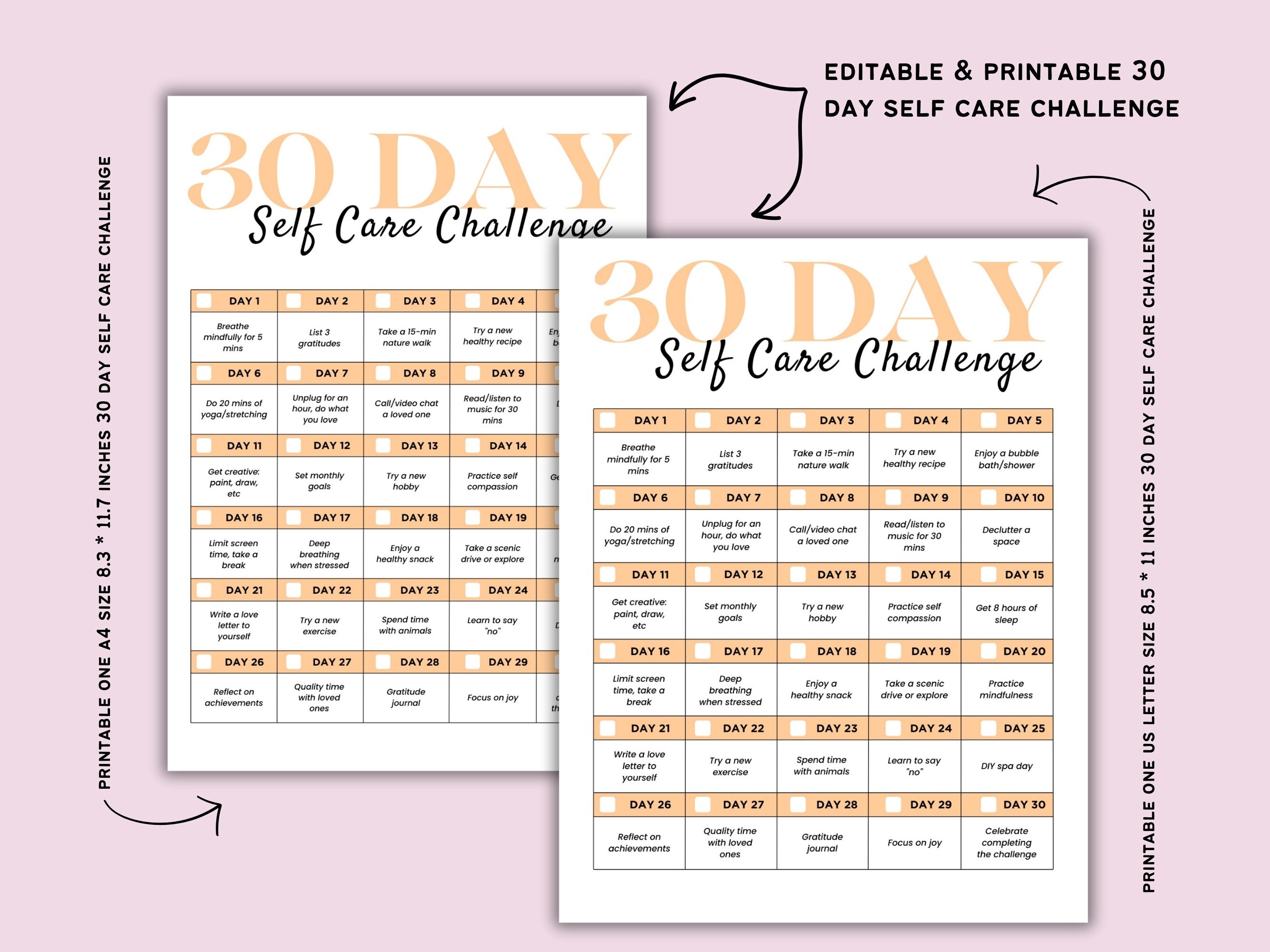 30 Day Self Care Challenge Printable: Editable Canva Template - Etsy