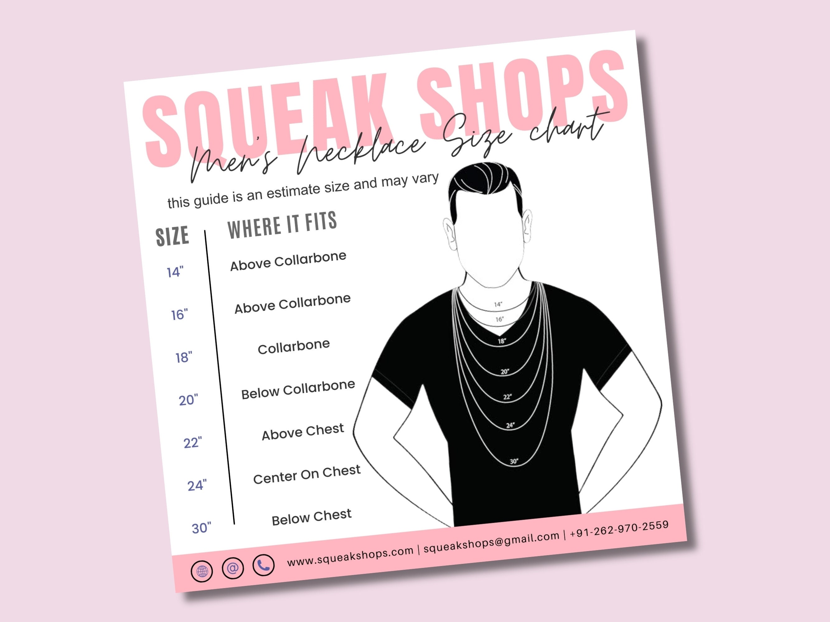 Necklace Size Chart Template, Printable Men's Necklace Size Guide Card
