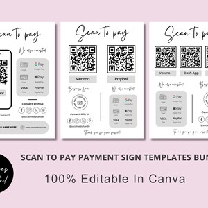 Può includere: Tre modelli di cartelli stampabili "Scan to pay" per le aziende. Ogni modello presenta un set diverso di opzioni di pagamento, tra cui Cash App, Venmo, PayPal, Google Pay, Apple Pay e carte di credito. I modelli sono modificabili al 100% in Canva.