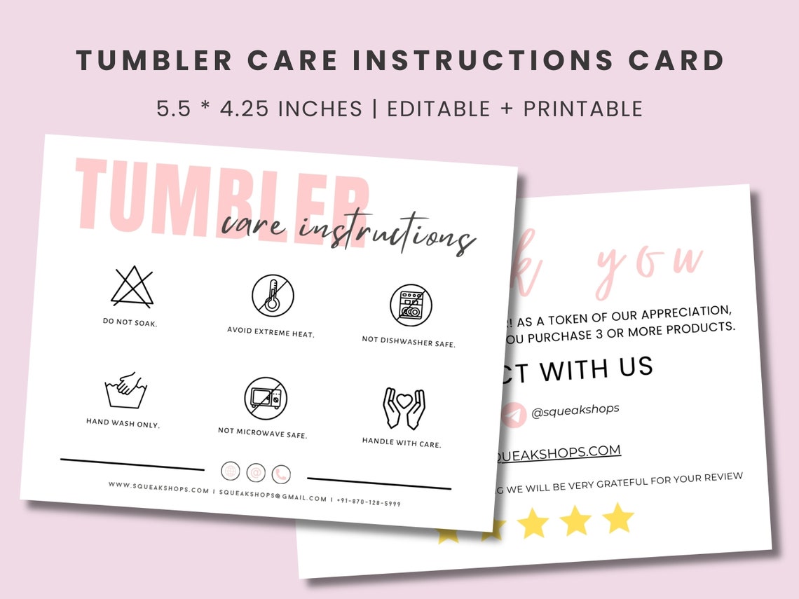 Tumbler Care Instructions Card Template, Printable Tumbler Care Cards ...