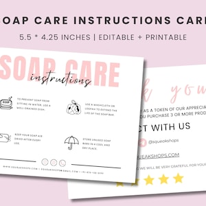 Editable Soap Care Card Template: Printable Instructions (5.5x4.25 inches)