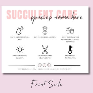 Succulent Care Card Guide Template, Succulent Care Instructions Card ...