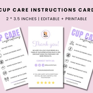 Cup Care Cards, Cup Care Instructions, Cup Care Card Template, Washing Instructions, Printable Care Instructions Card, Product Care Cards