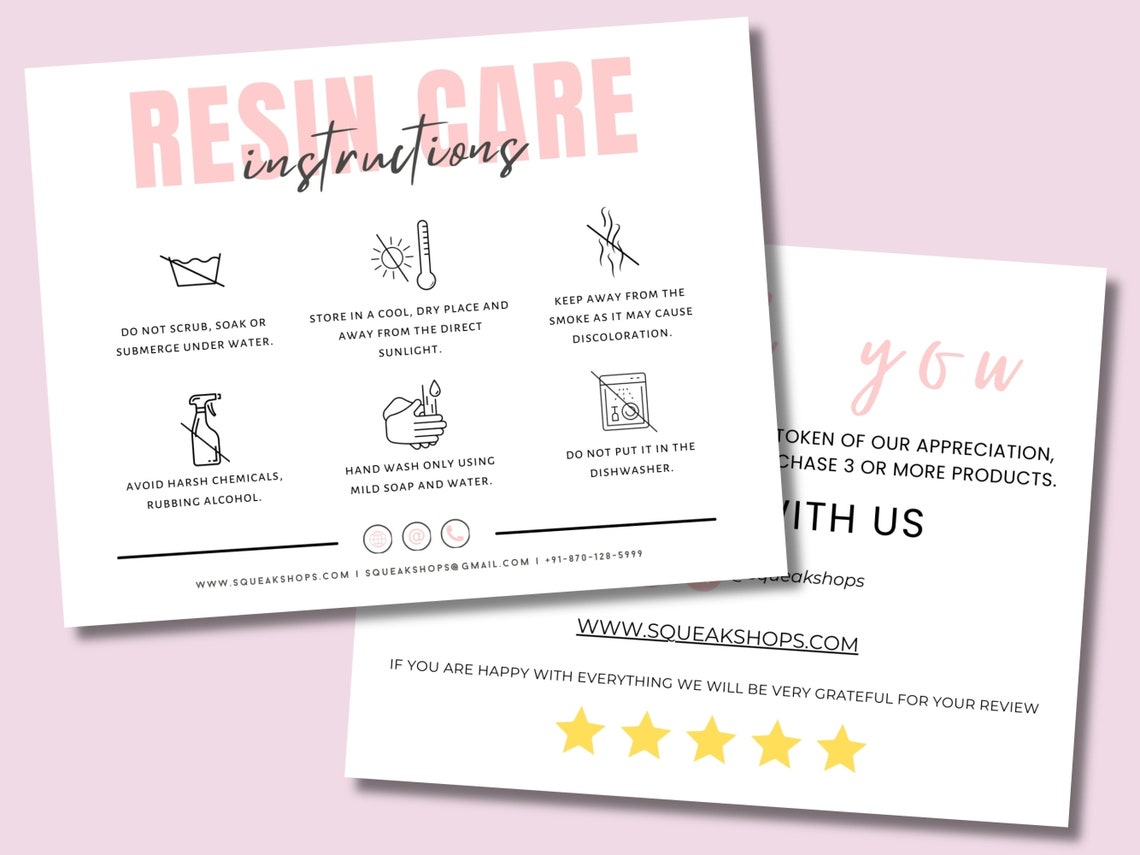 Resin Care Card Template, Printable Resin Care Cards, Resin Care Instructions Card, Resin ...