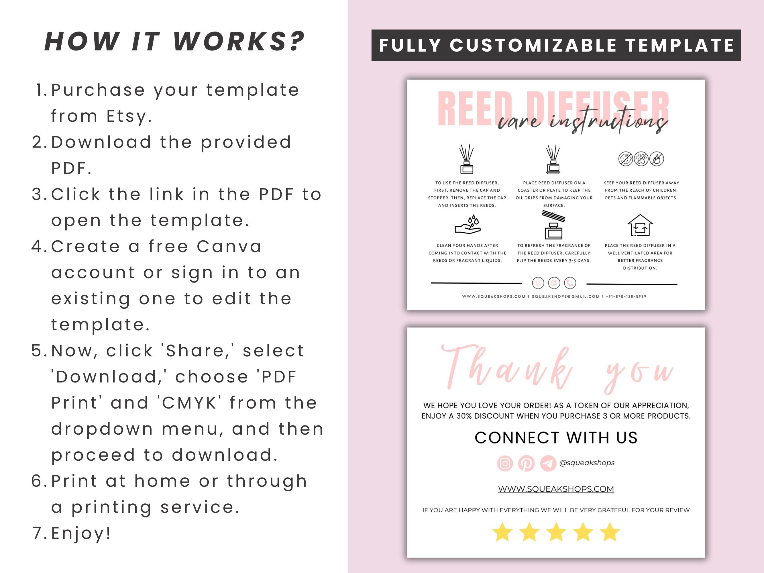 Reed Diffuser Care Instructions Template, Printable Room Diffuser Guide ...