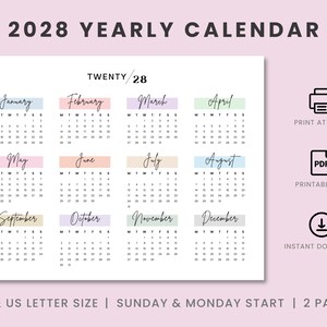 2028 Yearly Calendar: Landscape Printable (A4, A5, Letter Size)