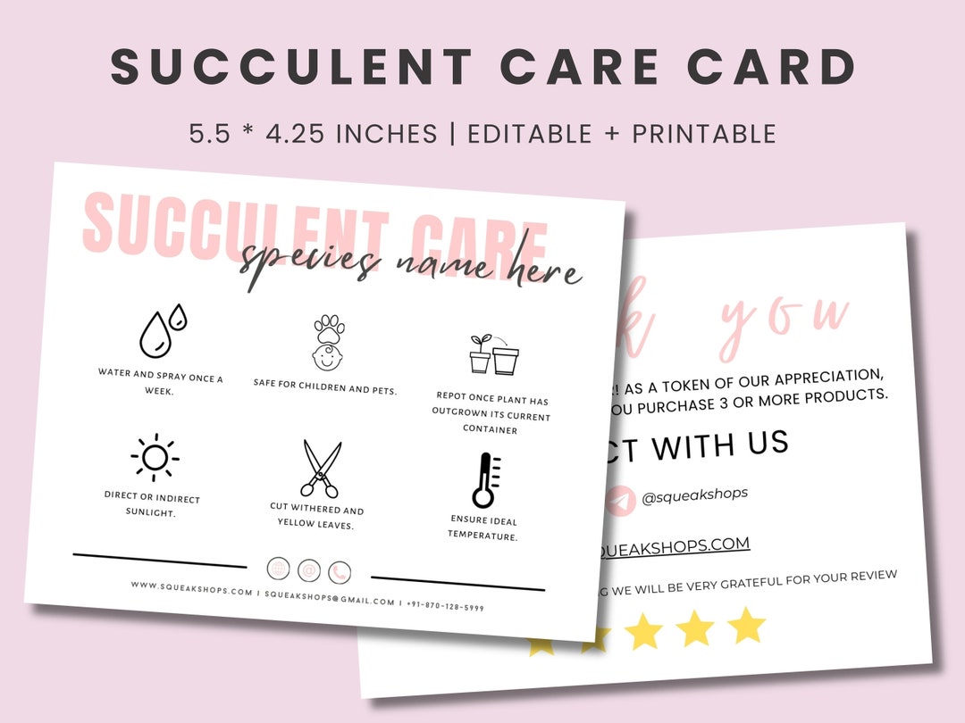 Succulent Care Card Guide Template, Succulent Care Instructions Card ...