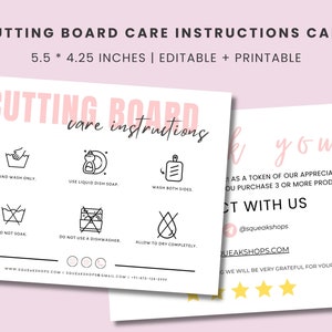 Cutting Board Care Instructions Card Template, Printable Cutting Board Care Card, Chopping Board Care Cards, Cutting Board Care Cards
