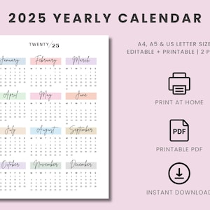 2025 Calendar, 2025 Yearly Calendar, Printable 2025 Calendar, Sunday & Monday Start, Printable Calendar, Year At A Glance, A4, A5, Letter