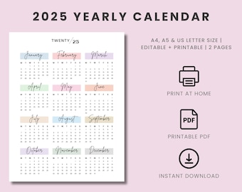 2025 Yearly Calendar Printable: A4, A5, Letter Size (Digital Download)