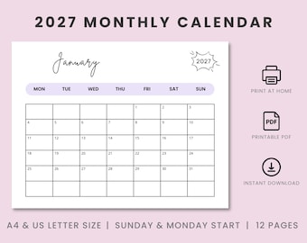 2027 Monthly Calendar Printable: Minimalist Landscape (A4, A5, Letter Size)