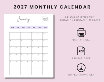 2027 Monthly Calendar Printable: Minimalist Design (A4, A5, Letter Size) (Digital Download)