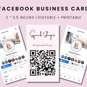 Modelo de cartão de visita do Facebook no Canva, cartão de visita editável e imprimível do Facebook, cartão de visita do Facebook, cartão de visita, cartão de visita rosa do Facebook