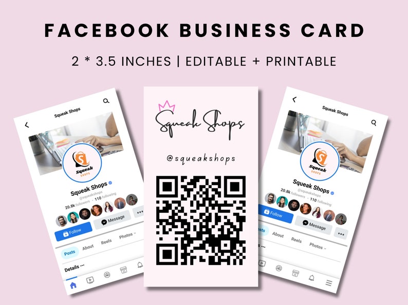 Facebook Business Card Canva Template, Facebook Editable And Printable Business Card, FB Business Card, Business Card, Pink FB Business Card image 1