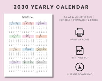 2030 Yearly Calendar Printable: A4 A5 Letter Size (Digital Download)
