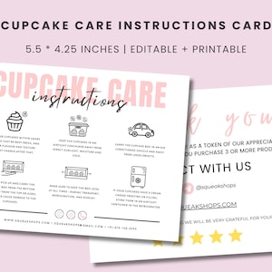 Carte d'entretien pour cupcakes, carte d'instructions d'entretien de cupcakes imprimable, modèle de guide d'entretien de cupcakes, guide d'entretien de boulangerie imprimable, instructions de cupcake