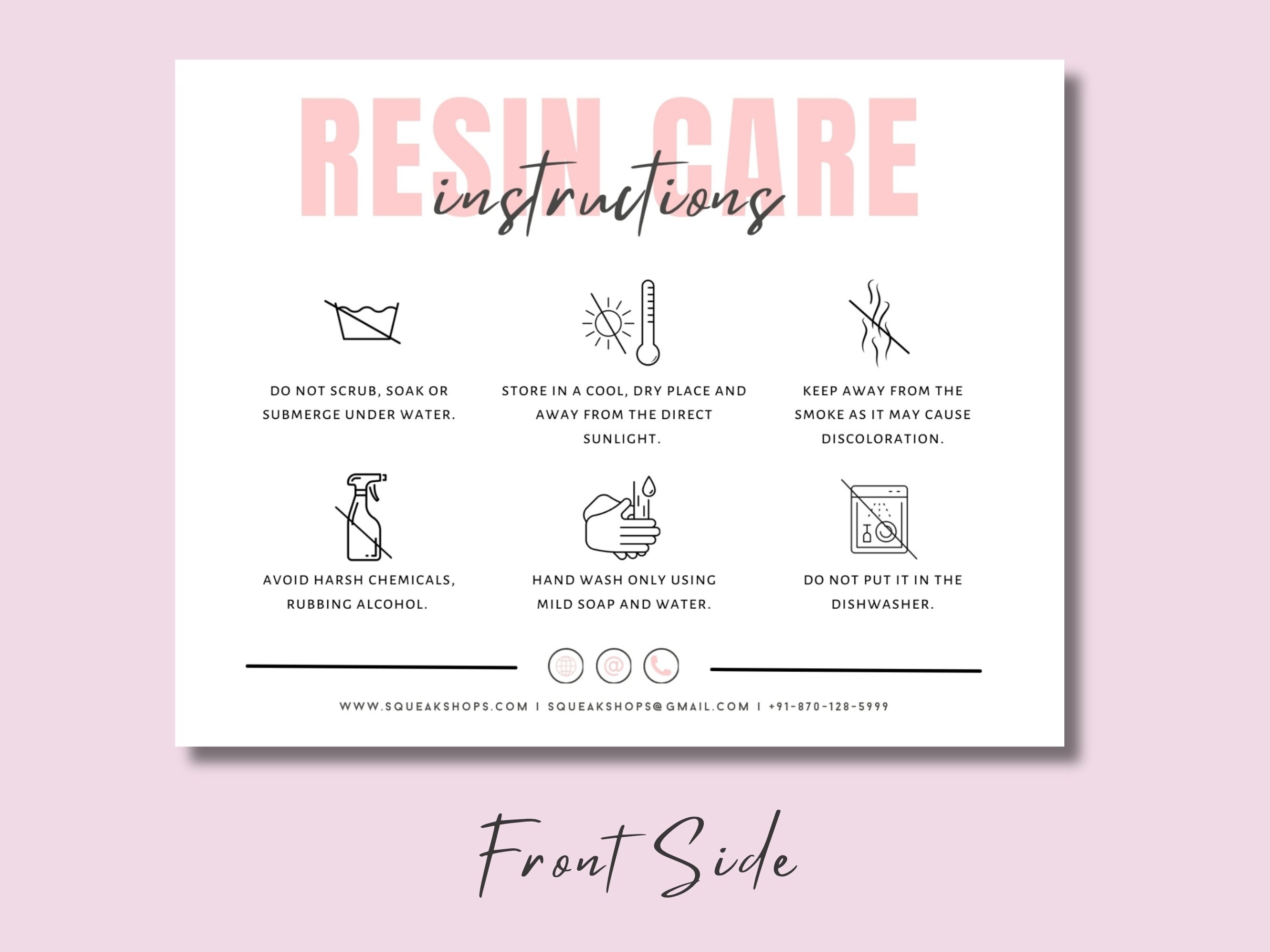 Resin Care Card Template, Printable Resin Care Cards, Resin Care Instructions Card, Resin ...