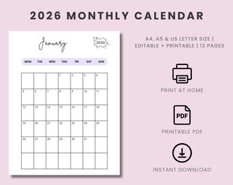 2026 Monatskalender zum Ausdrucken: Minimalistisches Design (A4, A5, Letter Size) (Digitaler Download)