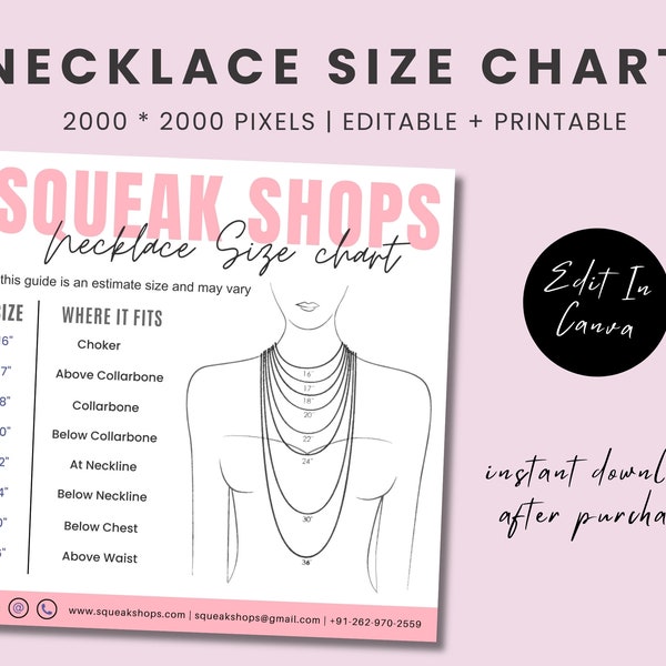 Editable Necklace Size Chart Template, Printable Necklace Size Guide Template, Size Chart Template, Jewelry Size Chart Template, Size Chart